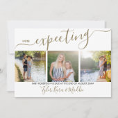 Elegant Script 3 Square Photo Gold Grey Zwangersch Aankondiging (Voorkant)