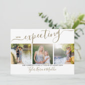 Elegant Script 3 Square Photo Gold Grey Zwangersch Aankondiging (Staand voorkant)
