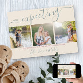 Elegant Script 3 Square Photo Green Pink Zwangersc Aankondiging