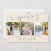 Elegant Script 3 Square Photo Green Pink Zwangersc Aankondiging (Voorkant)