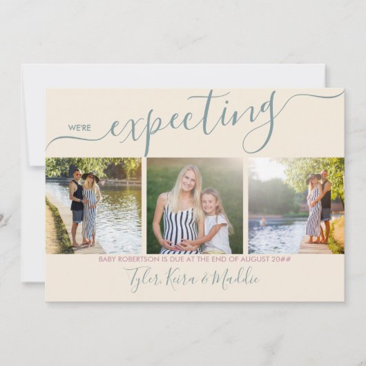 Elegant Script 3 Square Photo Green Pink Zwangersc Aankondiging (Voorkant)