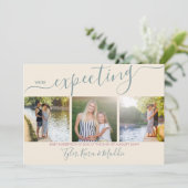 Elegant Script 3 Square Photo Green Pink Zwangersc Aankondiging (Staand voorkant)