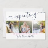 Elegant Script 3 Square Photo Navy Pink Zwangersch Aankondiging (Voorkant)