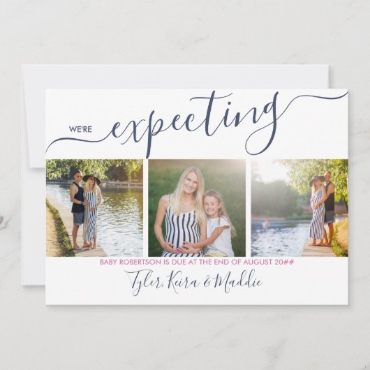 Elegant Script 3 Square Photo Navy Pink Zwangersch Aankondiging (Voorkant)
