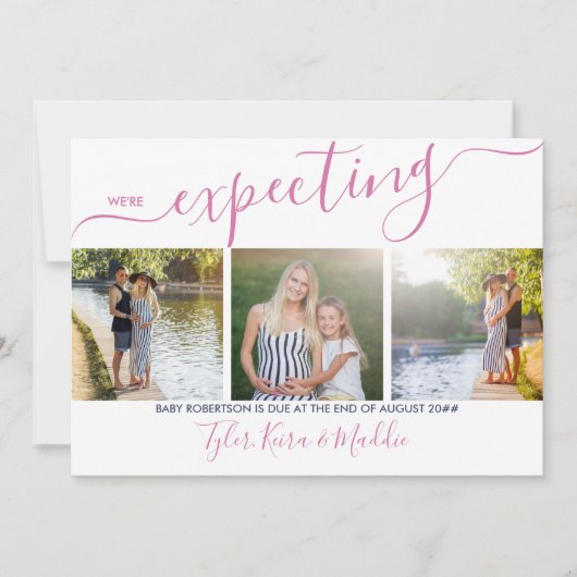 Elegant Script 3 Square Photo Pink Navy Zwangersch Aankondiging (Voorkant)