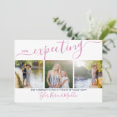 Elegant Script 3 Square Photo Pink Navy Zwangersch Aankondiging (Staand voorkant)