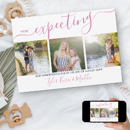 Elegant Script 3 Square Photo Pink Navy Zwangersch Aankondiging