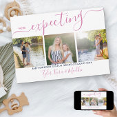 Elegant Script 3 Square Photo Pink Navy Zwangersch Aankondiging