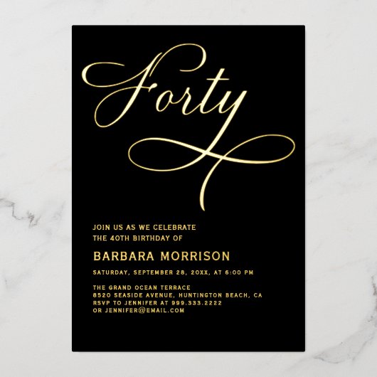 Elegant script 40 zwart goud 40e verjaardag folie uitnodiging (Voorkant)