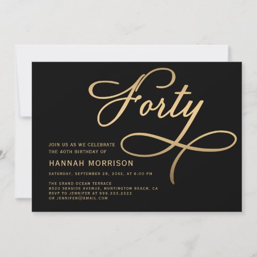 Elegant script 40 zwart goud 40e verjaardag kaart (Voorkant)