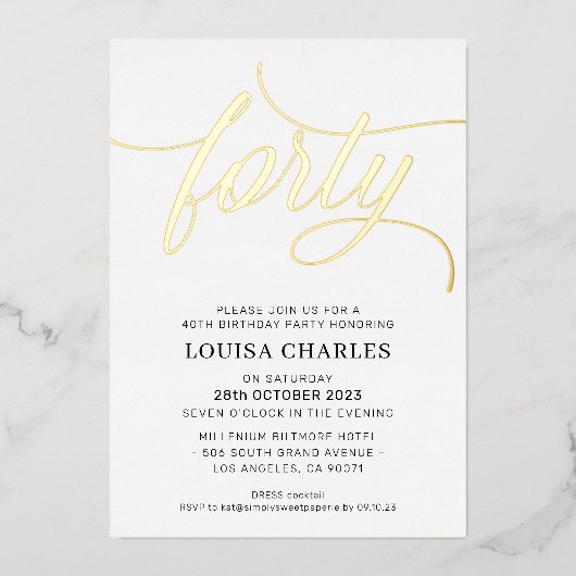ELEGANT SCRIPT 40e verjaardag stijlvol goud Folie Uitnodiging (Voorkant)