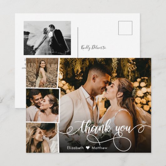 Elegant Script 4 Foto Collage Trouw Dankjewel Briefkaart (Voorkant / Achterkant)