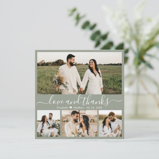 Elegant Script 4 Foto Sage Groene Collage Bruiloft Bedankkaart (Staand voorkant)