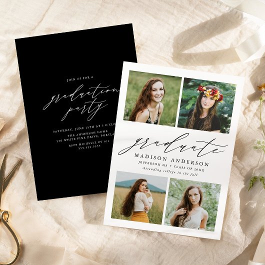 Elegant Script 4 Foto Verjaardagsfeest Afgestudeer Kaart