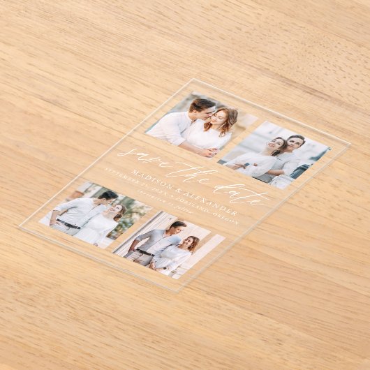 Elegant Script 4 Fotobruiloft Bewaar de datum Acryl Uitnodigingen (Laagn)