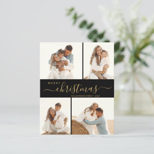 Elegant Script 4-fotokerstfeestkaart (Staand voorkant)