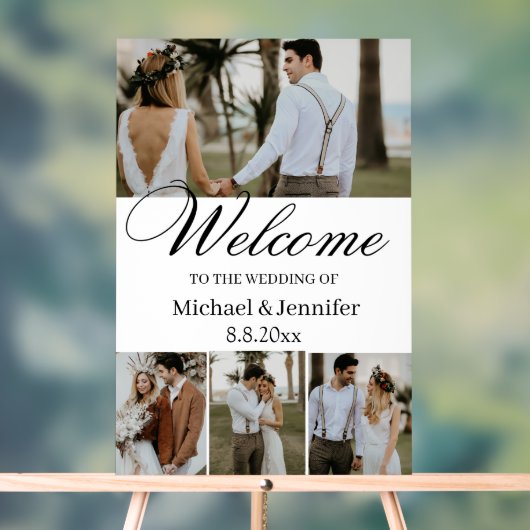 Elegant script 4 foto's Stijlvol bruiloft welkom Acryl Bord (Neutraal)