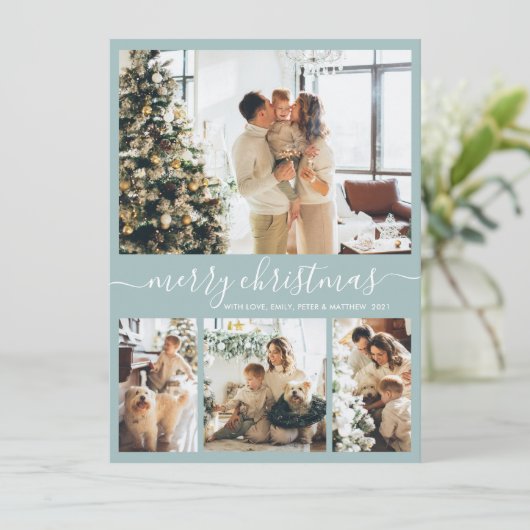 Elegant Script 4 Photo Collage Kerstfeestdag C Feestdagenkaart (Staand voorkant)