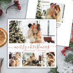 Elegant script 4 Photo Collage kerstkaart<br><div class="desc">Elegant Calligraphy Minimalist 4 Photo Collage Merry Kerstscript Holiday Card. Deze feestelijke, minimalistische, grillige sjabloon met vier (4) fotovakantiekaarten is voorzien van een fotocollage en bevat het "Merry Kerstmis"-script in lichtzalmterracotta rood op witte achtergrond. De tekst van de groet "Merry Kerstmis" is geschreven in een mooi handgeschreven, met een poster...</div>