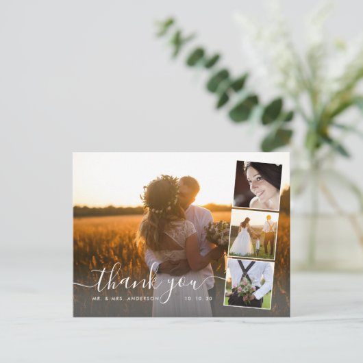 Elegant script 4 Photo Collage Weddenschap Harteli Briefkaart (Staand voorkant)