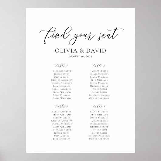 Elegant Script 4 Tafels Welkom Stoelenkaart Poster (Voorkant)