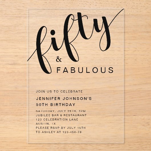 Elegant Script 50th Verjaardag Acryl Uitnodigingen (Voorkant)