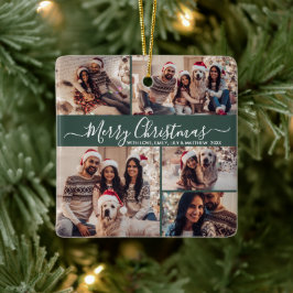 Elegant Script 5 Fotocollage Groene Kerstmis Keramisch Ornament