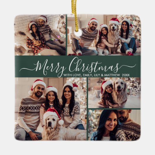Elegant Script 5 Fotocollage Groene Kerstmis Keramisch Ornament (Voorkant)