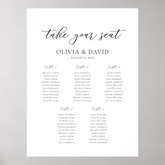 Elegant Script 5 Tafels Welkom Zitschema Poster (Voorkant)