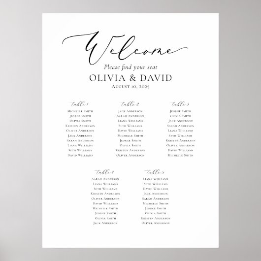 Elegant Script 5 Tafels Welkom Zitschema Poster (Voorkant)