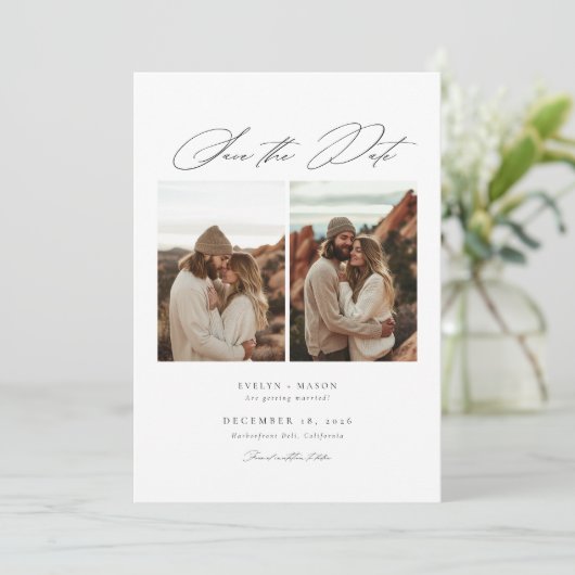 Elegant Script 6 Foto Huwelijk QR Code Save The Date (Staand voorkant)