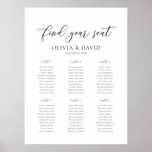 Elegant Script 6 Tafels Welkom Zitschema Poster (Voorkant)