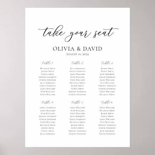 Elegant Script 6 Tafels Welkom Zitschema Poster (Voorkant)