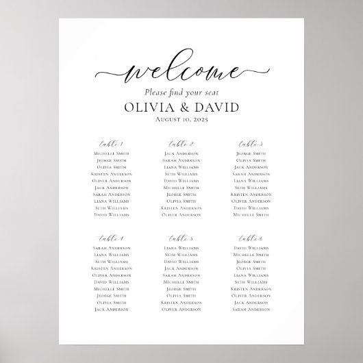 Elegant Script 6 Tafels Welkom Zitschema Poster (Voorkant)