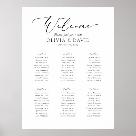 Elegant Script 6 Tafels Welkom Zitschema Poster (Voorkant)