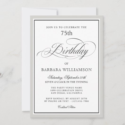 Elegant Script 75e verjaardagsfeest uitnodiging (Voorkant)