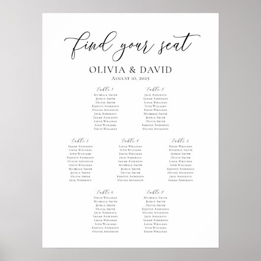 Elegant Script 7 Tafels Welkom Zitschema Poster (Voorkant)