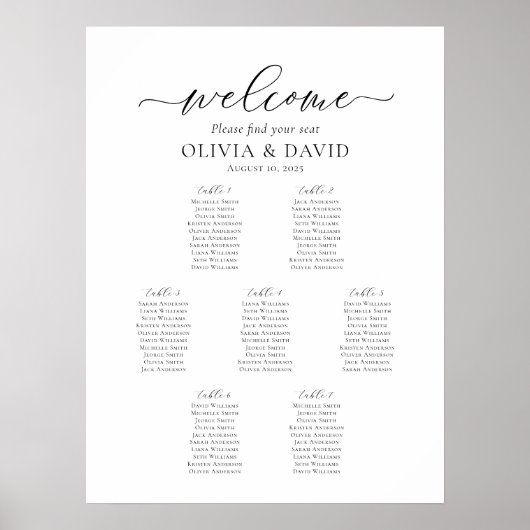Elegant Script 7 Tafels Welkom Zitschema Poster (Voorkant)