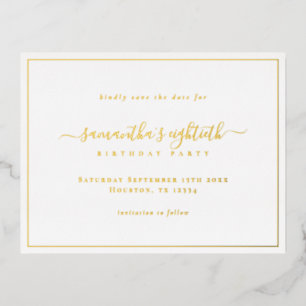 Elegant Script 80e verjaardag Bewaar de datumkaart Folie Feestdagen Briefkaart