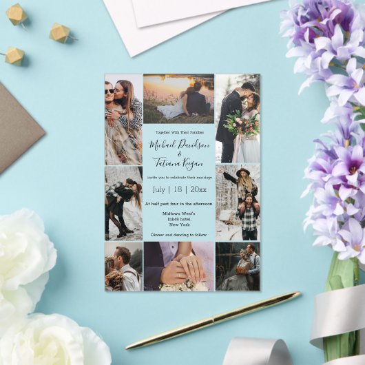 Elegant script 8 foto's collage moderne bruiloft acryl uitnodigingen (Insitu (Huwelijk))