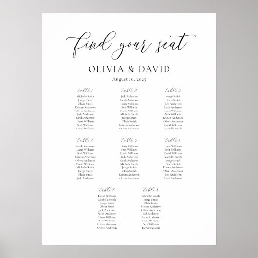 Elegant Script 8 tafel Zitgrafiek Poster (Voorkant)