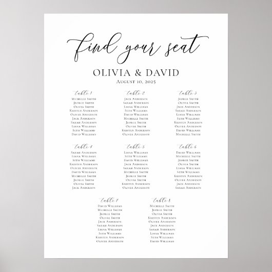 Elegant Script 8 Tafels Welkom Zitschema Poster (Voorkant)