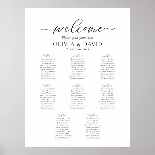 Elegant Script 8 Tafels Welkom Zitschema Poster (Voorkant)