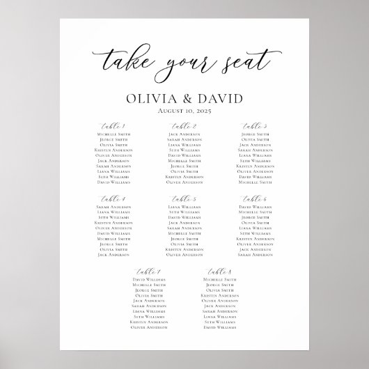 Elegant Script 8 Tafels Welkom Zitschema Poster (Voorkant)