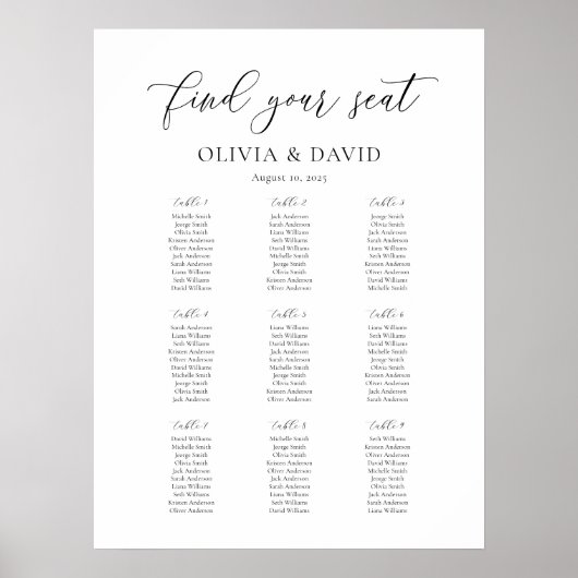 Elegant Script 9 tafel Zitgrafiek Poster (Voorkant)