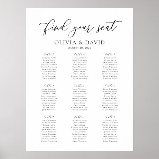 Elegant Script 9 Tafels Welkom Zittingkaart Poster (Voorkant)