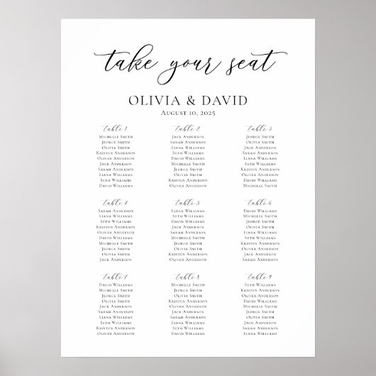 Elegant Script 9 Tafels Welkom Zittingkaart Poster (Voorkant)