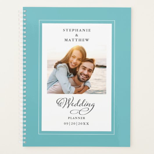 Elegant script Aangepaste foto Aqua White Wedding Planner (Voorkant)