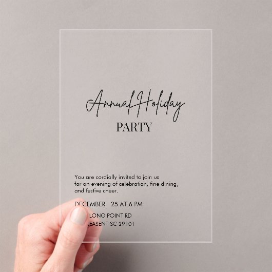 Elegant Script Acrylic Annual Holiday Party Acryl Uitnodigingen (Insitu (Draagbaar))