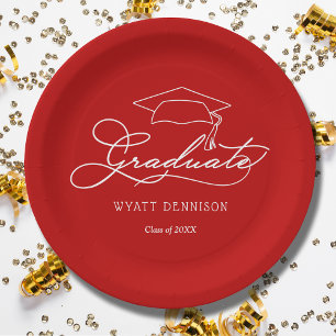 Elegant Script Afstudeerder Pet Scarlet Red Afstud Papieren Bordje